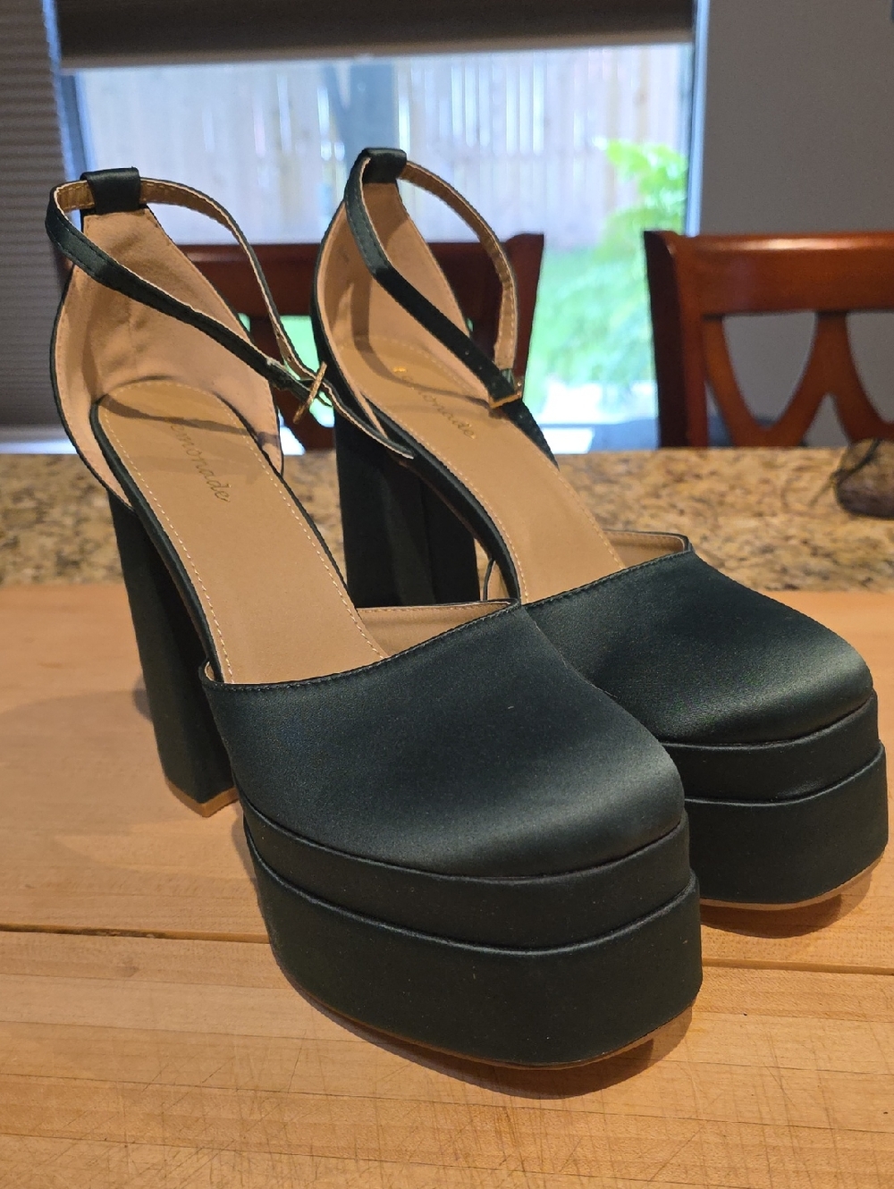 Dark Green Satin Platform Block Heels with Ankle Strap